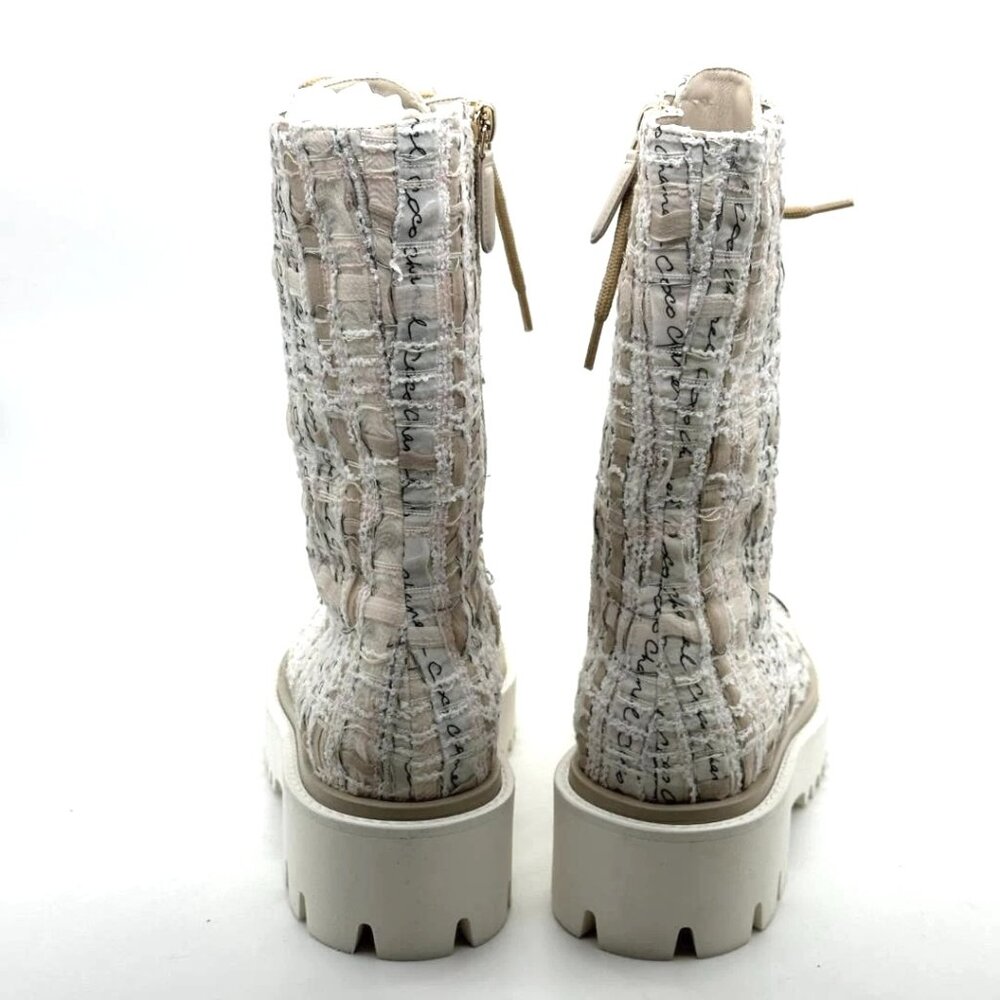 CHANEL 22C CC Cap Toe Lace Up Tweed Combat Lug Sole Ankle Bootie Boots - Picture 7 of 15